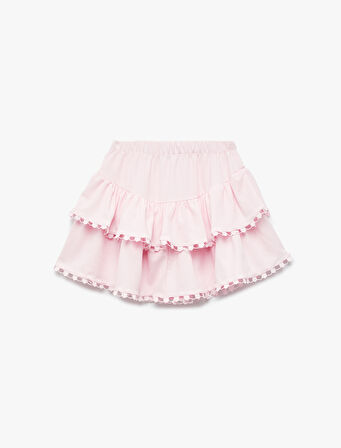 Beli Lastikli Katlı Dantel Detaylı Mini Etek