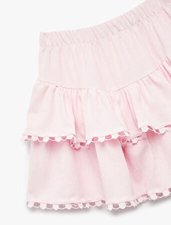 Beli Lastikli Katlı Dantel Detaylı Mini Etek