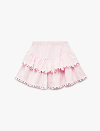 Beli Lastikli Katlı Dantel Detaylı Mini Etek