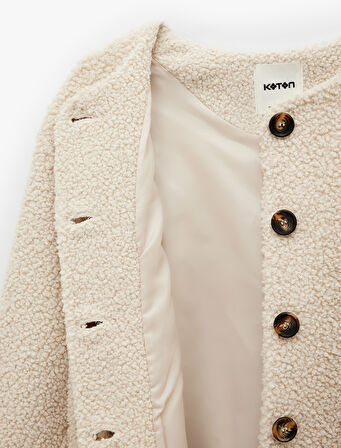 Düğmeli Cep Detaylı Uzun Kollu Bisiklet Yaka Peluş Bomber Ceket