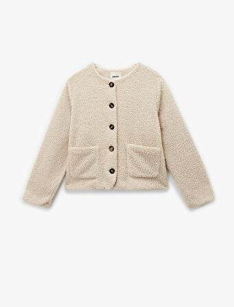 Düğmeli Cep Detaylı Uzun Kollu Bisiklet Yaka Peluş Bomber Ceket