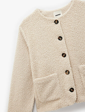 Düğmeli Cep Detaylı Uzun Kollu Bisiklet Yaka Peluş Bomber Ceket