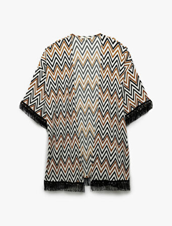 Rahat Kalıp Püsküllü Geometrik Desenli Uzun Kimono