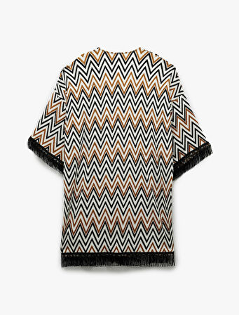 Rahat Kalıp Püsküllü Geometrik Desenli Uzun Kimono