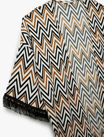Rahat Kalıp Püsküllü Geometrik Desenli Uzun Kimono