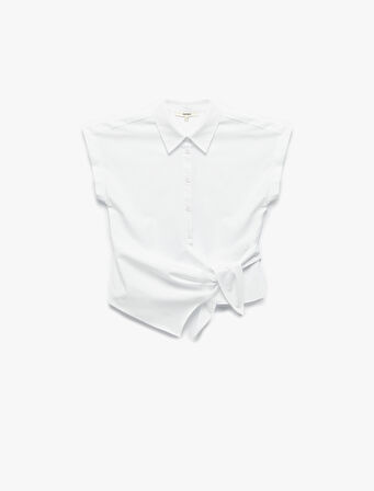 Pamuklu Kısa Kap Kollu Asimetrik Kesim Önden Bağlama Detaylı Gömlek