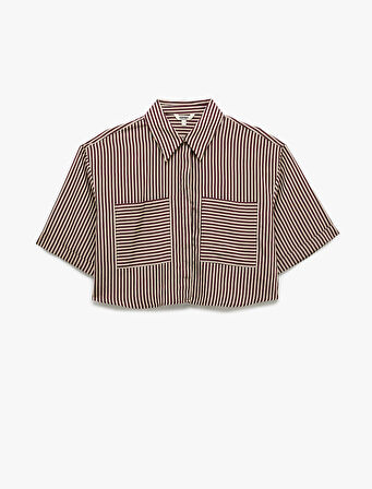 Viskon Kumaş Klasik Yaka Cepli Kısa Kollu Crop Oversize Gömlek