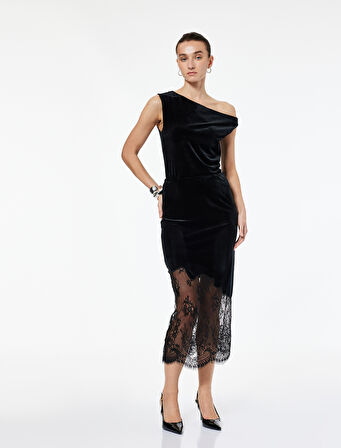 Asimetrik Yaka Kolsuz Kadife Bluz