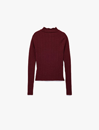 Fırfır Detaylı Dik Yaka Uzun Kollu Triko Kazak