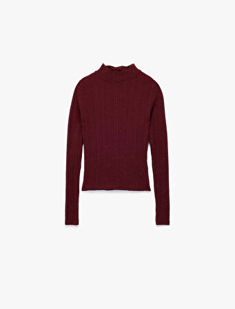 Fırfır Detaylı Dik Yaka Uzun Kollu Triko Kazak