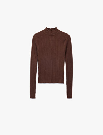 Fırfır Detaylı Dik Yaka Uzun Kollu Triko Kazak