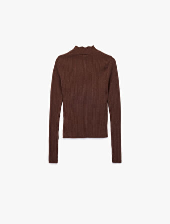 Fırfır Detaylı Dik Yaka Uzun Kollu Triko Kazak