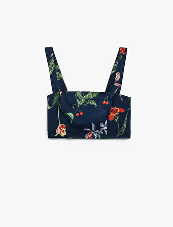Pamuklu Poplin Kumaş Slim Fit Kare Yaka Askılı Kiraz Baskılı Çiçekli Crop Büstiyer
