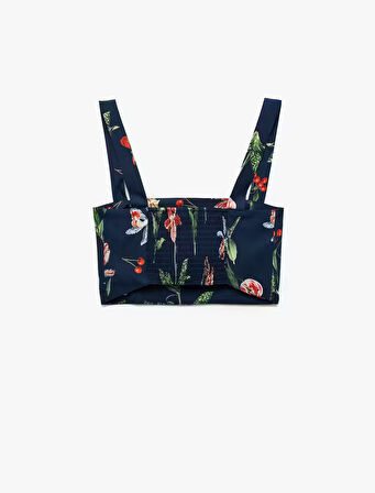 Pamuklu Poplin Kumaş Slim Fit Kare Yaka Askılı Kiraz Baskılı Çiçekli Crop Büstiyer