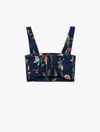 Pamuklu Poplin Kumaş Slim Fit Kare Yaka Askılı Kiraz Baskılı Çiçekli Crop Büstiyer
