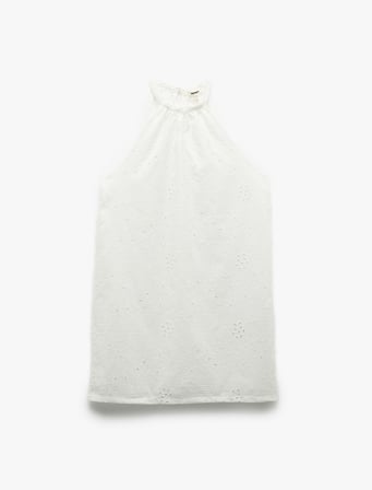 Pamuklu Kolsuz Brodeli Fistolu Çiçekli Halter Yaka Mini Elbise