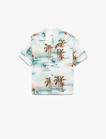 Palmiye Desenli Kısa Kollu Düğmeli Cep Detaylı Pamuklu Gömlek