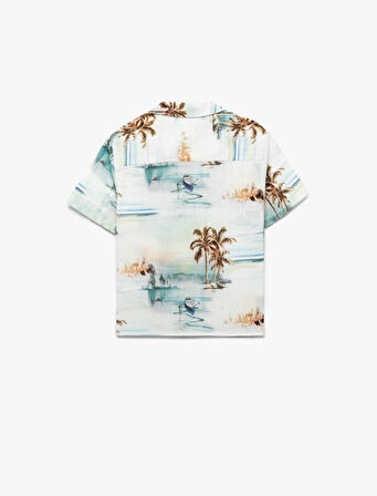 Palmiye Desenli Kısa Kollu Düğmeli Cep Detaylı Pamuklu Gömlek