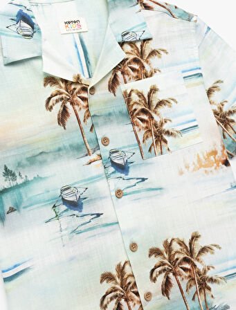 Palmiye Desenli Kısa Kollu Düğmeli Cep Detaylı Pamuklu Gömlek