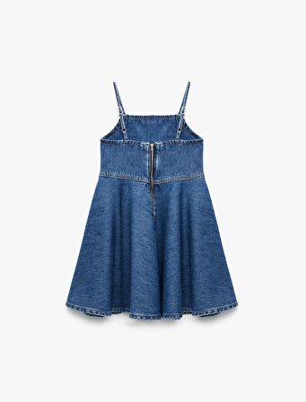 Pamuklu Pileli İnce Askılı Denim Elbise