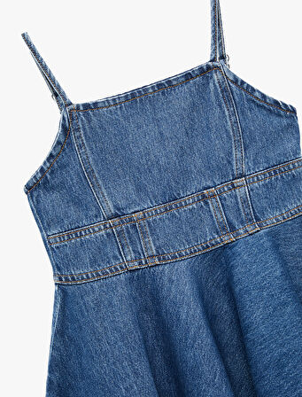 Pamuklu Pileli İnce Askılı Denim Elbise
