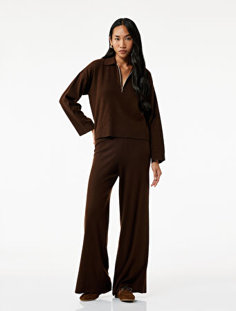 Beli Lastikli Rahat Kalıp Uzun Geniş Paça Triko Pantolon