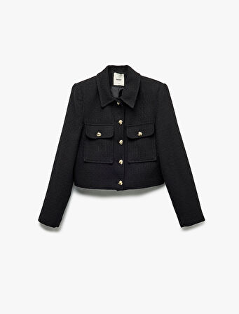  Düğmeli Kapaklı Cep Detaylı Kruvaze Uzun Kollu Tüvit Ceket