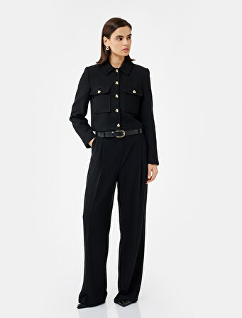  Düğmeli Kapaklı Cep Detaylı Kruvaze Uzun Kollu Tüvit Ceket