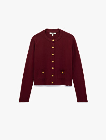 Cepli Gold Düğme Detaylı Uzun Kollu Bisiklet Yaka Triko Hırka