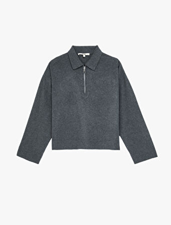 Fermuarlı Polo Yaka Uzun Kollu Oversize Kazak