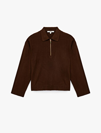 Fermuarlı Polo Yaka Uzun Kollu Oversize Kazak