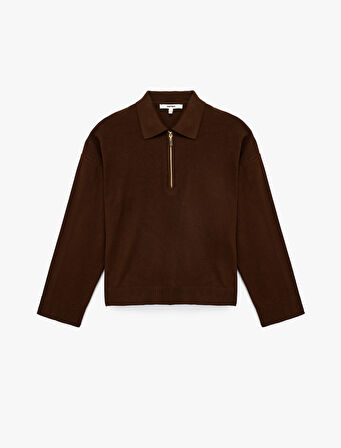 Fermuarlı Polo Yaka Uzun Kollu Oversize Kazak