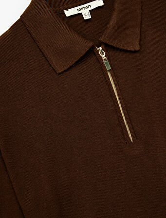 Fermuarlı Polo Yaka Uzun Kollu Oversize Kazak