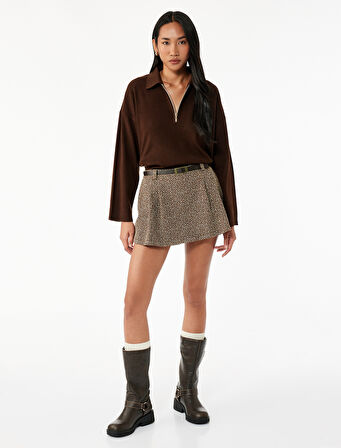 Fermuarlı Polo Yaka Uzun Kollu Oversize Kazak