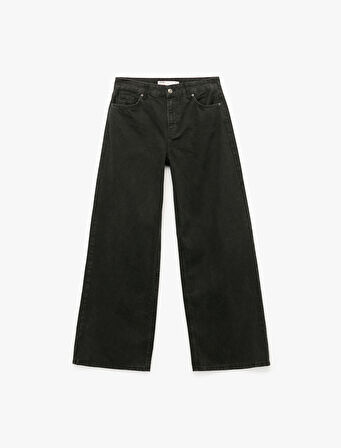 Normal Bel Cepli Düğmeli Pamuklu Rahat Kesim Geniş Paça Jean Pantolon - Loose Straight Fit Jeans