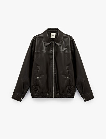 Fermuarlı Uzun Kollu Cep Detaylı Suni Deri Oversize Ceket