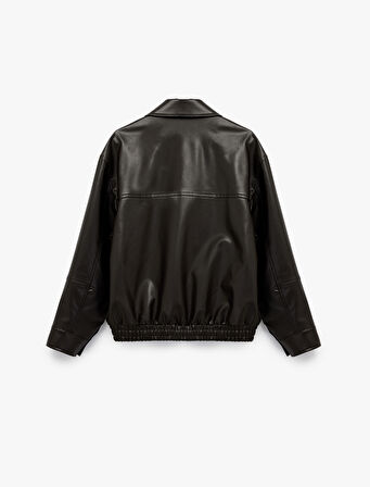 Fermuarlı Uzun Kollu Cep Detaylı Suni Deri Oversize Ceket