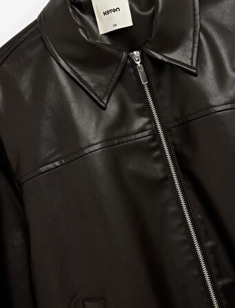 Fermuarlı Uzun Kollu Cep Detaylı Suni Deri Oversize Ceket