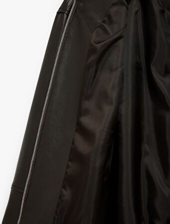 Fermuarlı Uzun Kollu Cep Detaylı Suni Deri Oversize Ceket