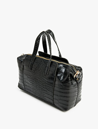 Timsah Derisi Görünümlü Fermuarlı Saplı Askılı Tote Çanta