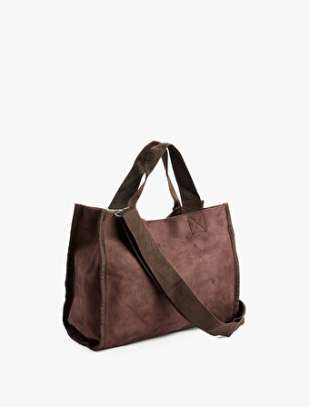 Etiket Detaylı Saplı Askılı Suni Süet Tote Çanta