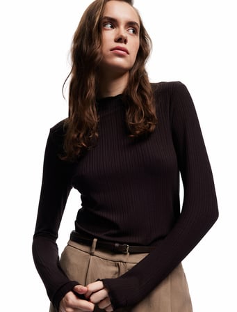 Kaşkorse Viskon Slim Fit Uzun Kollu Hafif Dik Yaka Tişört