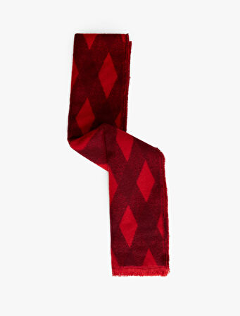 Geometrik Desenli Çok Renkli İnce Püsküllü Uzun Atkı