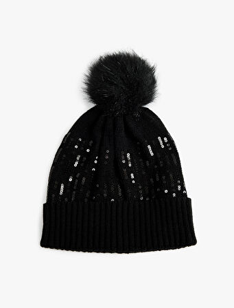 Pul Detaylı Ponponlu Katlı Örgü Bere