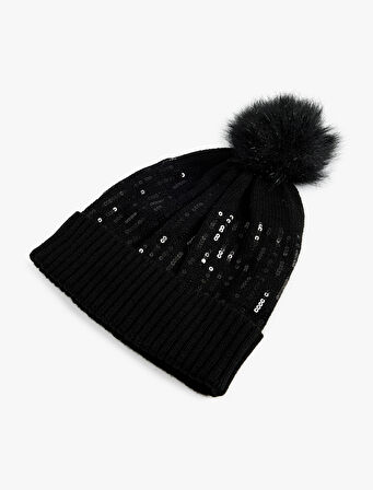 Pul Detaylı Ponponlu Katlı Örgü Bere