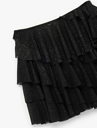 Volanlı Katlı Simli Mini Abiye Etek