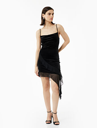 Degaje Yaka Kadife Volanlı Asimetrik Kesim Askılı Elbise