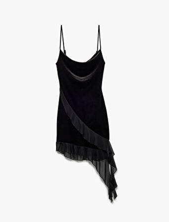 Degaje Yaka Kadife Volanlı Asimetrik Kesim Askılı Elbise