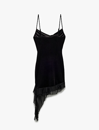 Degaje Yaka Kadife Volanlı Asimetrik Kesim Askılı Elbise