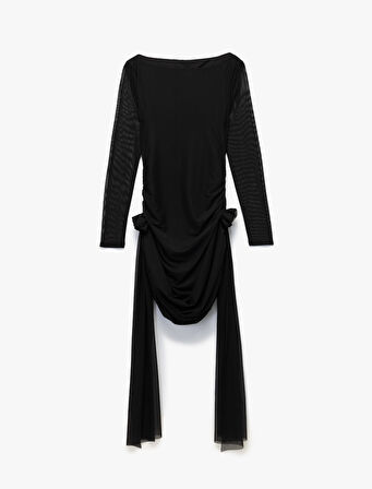 Uzun Kollu Kayık Yaka Tüllü Gül Detaylı Mini Bodycon Elbise